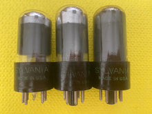 Load image into Gallery viewer, 3 Sylvania 25L6 25L6GT Vacuum Tubes Valves Tall Base Gray And Silver Bottles Lot Of Three