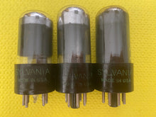 Load image into Gallery viewer, 3 Sylvania 25L6 25L6GT Vacuum Tubes Valves Tall Base Gray And Silver Bottles Lot Of Three