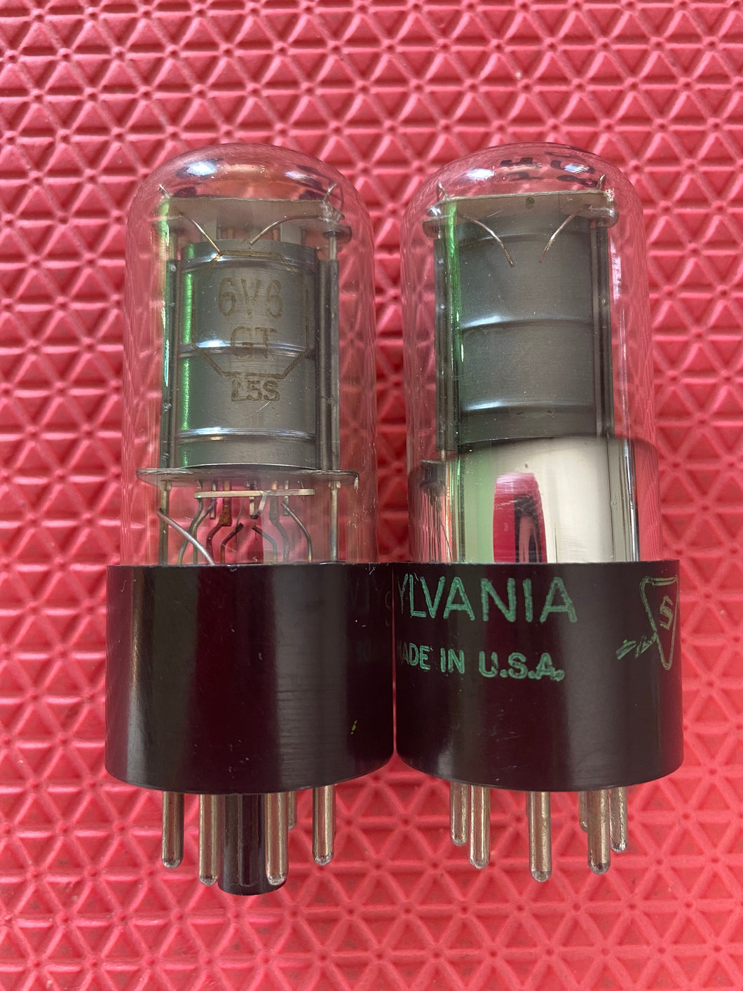Matched Pair Sylvania 6V6 6V6GT Vacuum Tubes Valves Black Plates Clear Bottles NOS-Testing