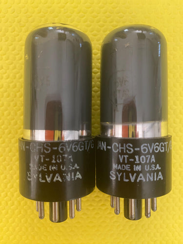 Matched Pair Sylvania 6V6 6V6GT JAN-CHS-6V6GT VT107A 6P6 6P6P Vacuum Tubes Valves Silver and Gray Milspec NOS-Testing
