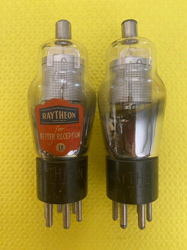 Matched Pair Raytheon Number / Type 77 #77 Vacuum Tubes Valves Engraved / Stamped Base Mesh Plate Variety