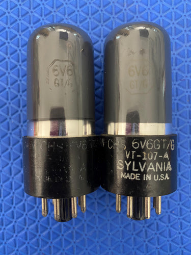Matched Pair Sylvania 6V6 6V6GT JAN-CHS-6V6GT VT107A 6P6 6P6P Vacuum Tubes Valves Silver and Gray Milspec