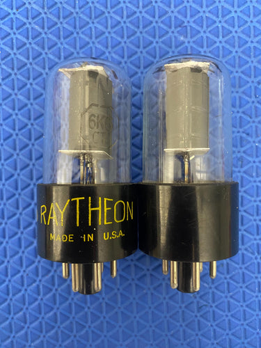 Matched Pair Raytheon 6K6 6K6GT Vacuum Tubes Valves Black Plates Clear Bottle