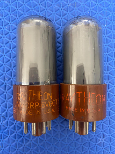 Matched Pair Raytheon 6V6 / 6V6GTY / JAN-CRP-6V6GTY / 6P6 / 6P6P Vacuum Tubes Valves Milspec Gray Bottle Black Plates Micanol Bases